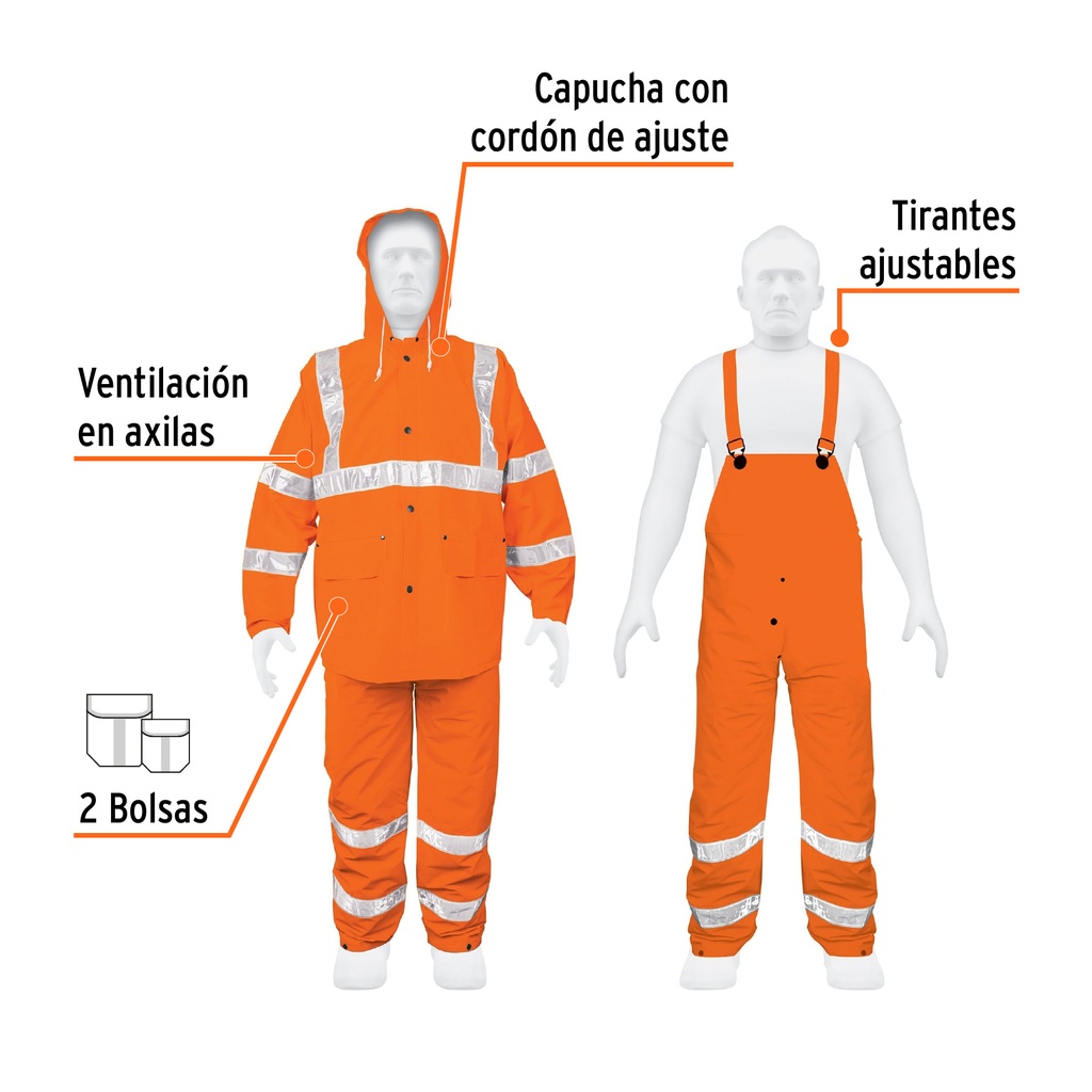 CONJUNTO IMPERMEABLE C/REFLEJANTE, NARANJA, TALLA G, PVC