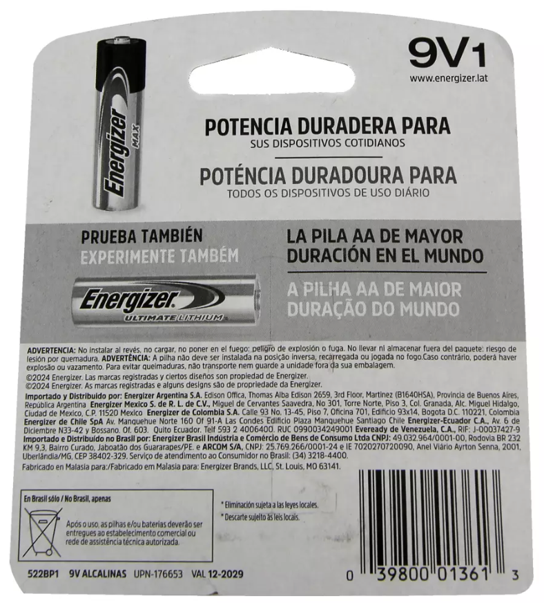 PILA ALCALINA 9V CUADRADA ENERGIZER MAX BLISTER
