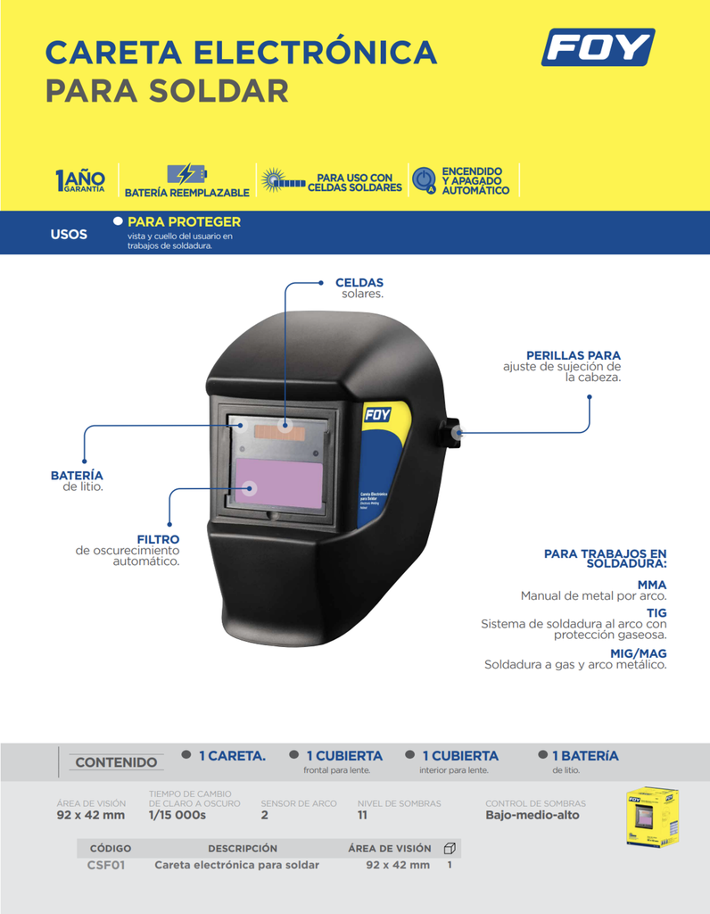 CARETA ELECTRONICA PARA SOLDAR, VISION 92 X 42, ENCENDIDO Y APAGADO AUTOM