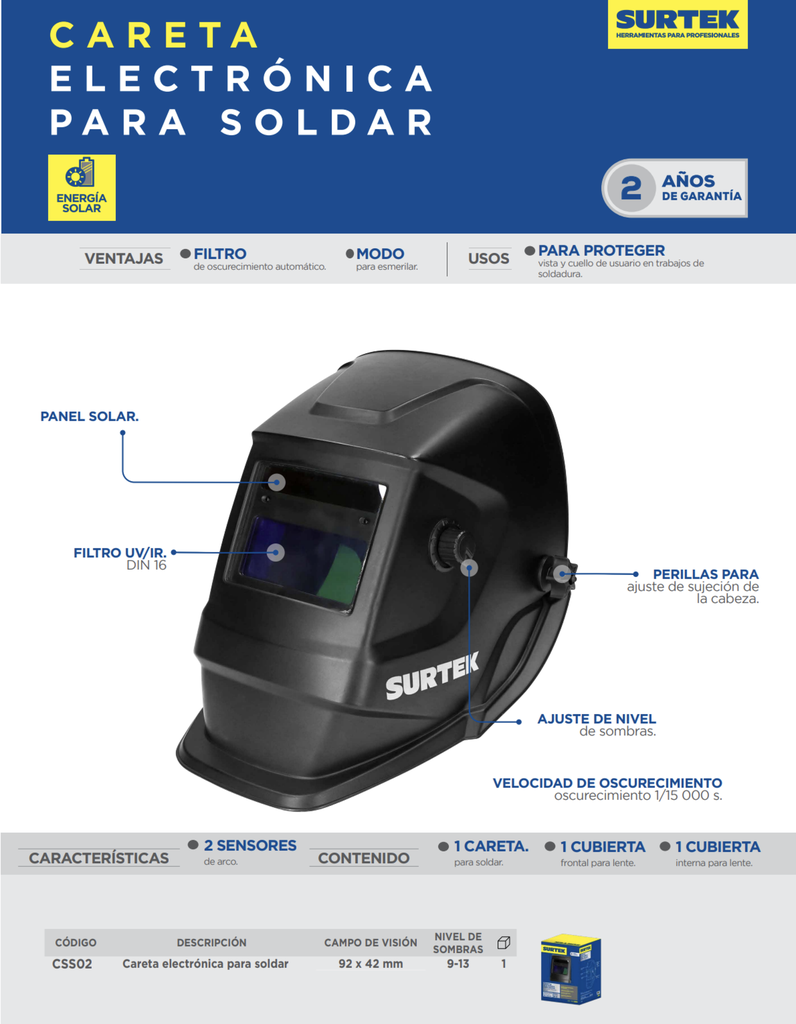 CARETA ELECTRONICA PARA SOLDAR, VISION 92 X 42, ENCENDIDO Y APAGADO AUTOM