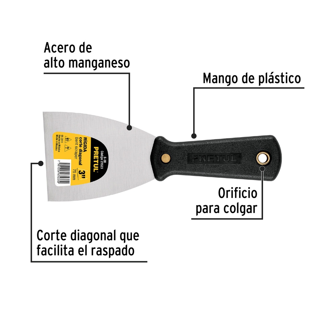 ESPATULA RIGIDA 3' CON MANGO DE PLASTICO, PRETUL