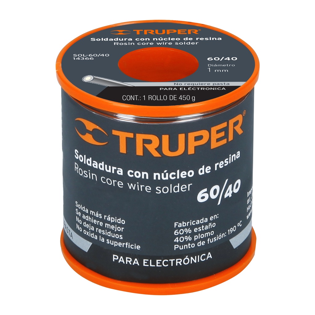 SOLDADURA 60/40 PARA ELECTRONICA, 450 G, TRUPER SOLDAFACIL