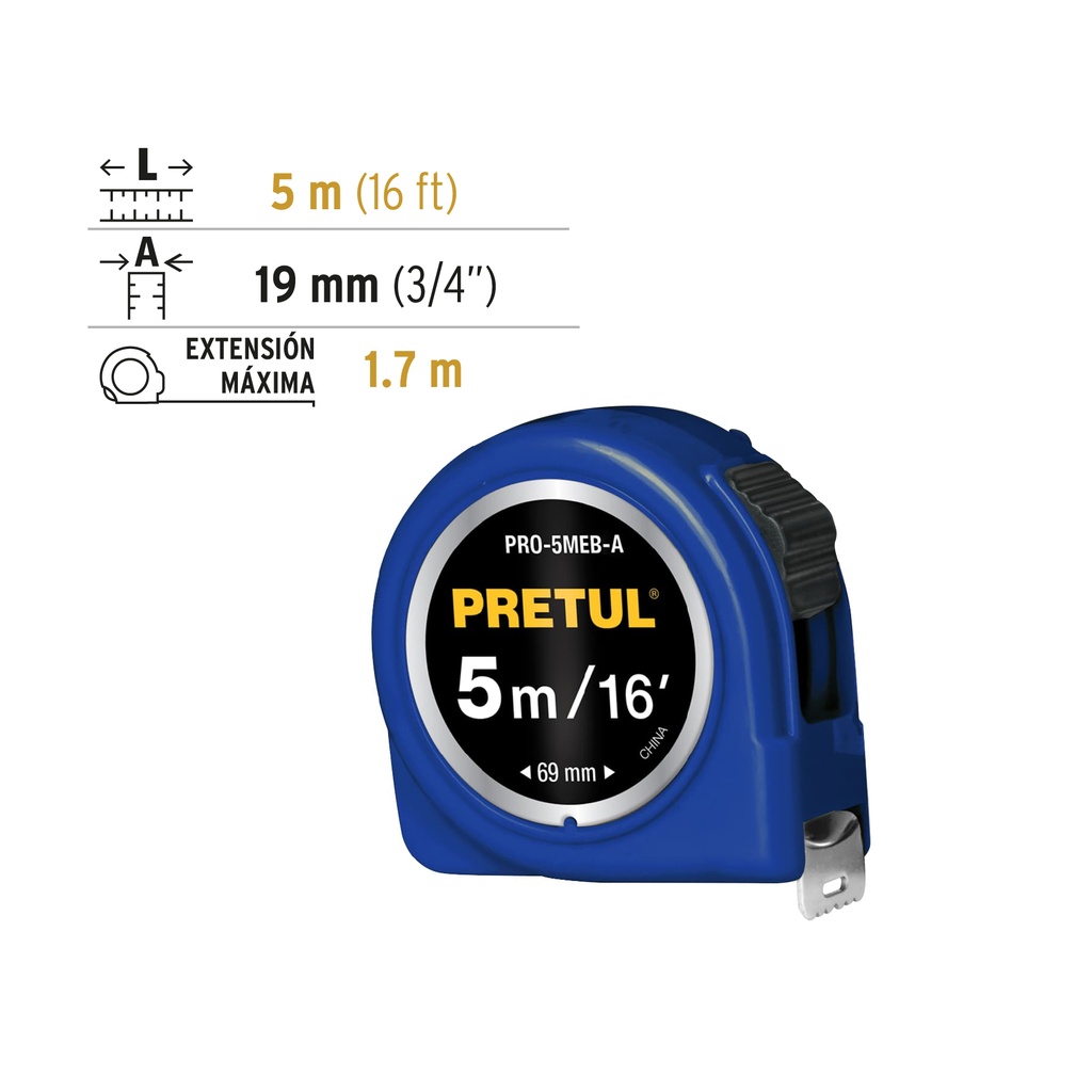 FLEXOMETRO AZUL 5 M CINTA 19 MM, EN TARJETA, PRETUL