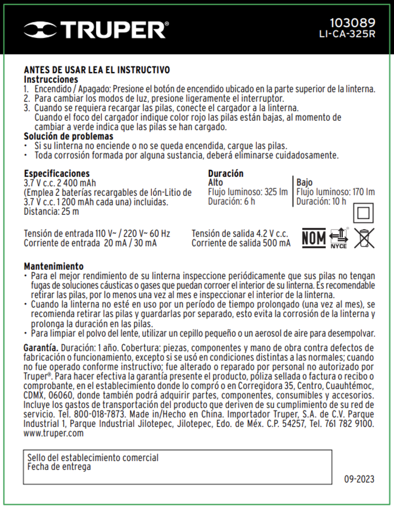 LINTERNA DE MINERO 325 LM RECARGABLE