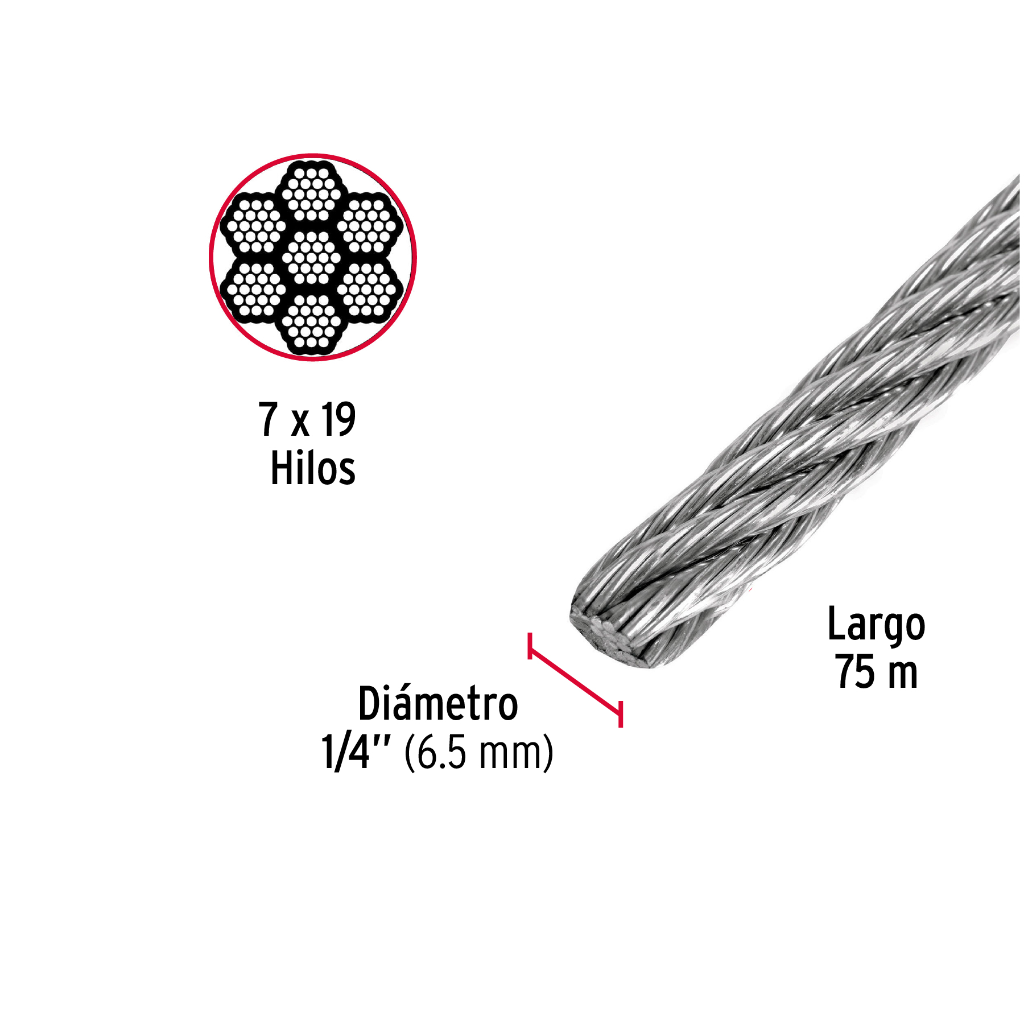 METRO DE CABLE FLEXIBLE 1/4' DE ACERO 7X19 HILOS, 75 M