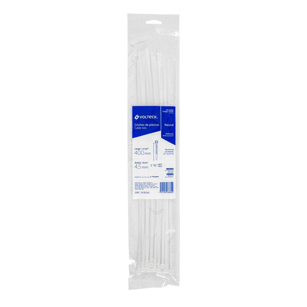 BOLSA CON 25 CINCHOS PLASTICOS 50 LB, 400X4.5 MM, NATURALES