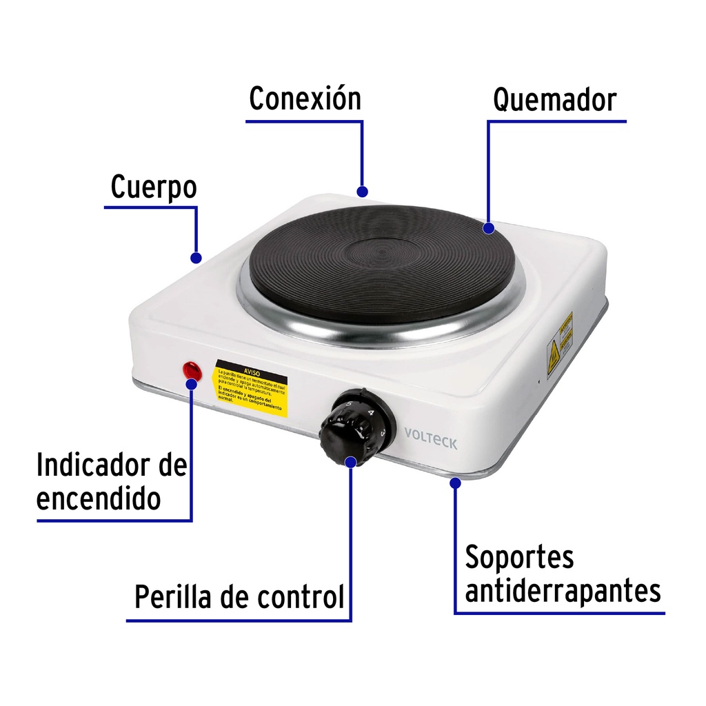 PARRILLA ELECTRICA 1 QUEMADOR DE DISCO, BLANCA, VOLTECK
