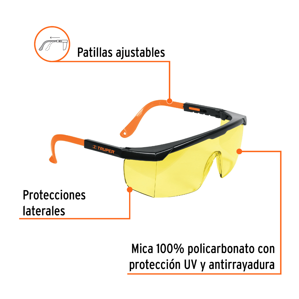 LENTES DE SEGURIDAD AJUSTABLES AMBAR, TRUPER CLASSIC