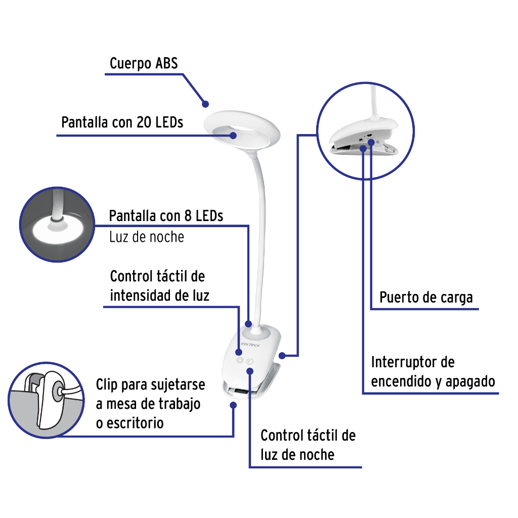LAMPARA ESCRITORIO LED 4 W RECARGABLE C/CLIP, 3 INTENSIDADES