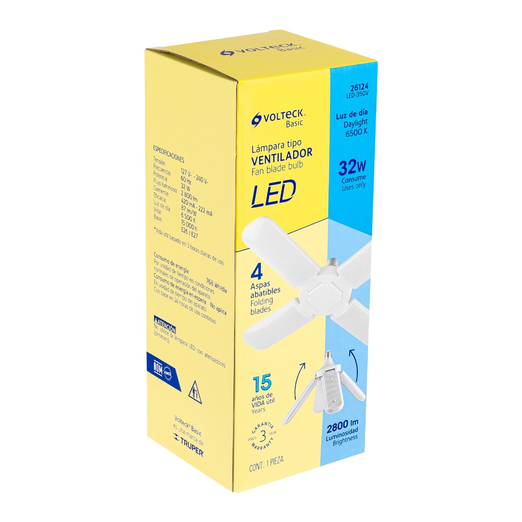 LAMPARA LED TIPO VENTILADOR 32W, 4 ASPAS, 6500K, BASIC