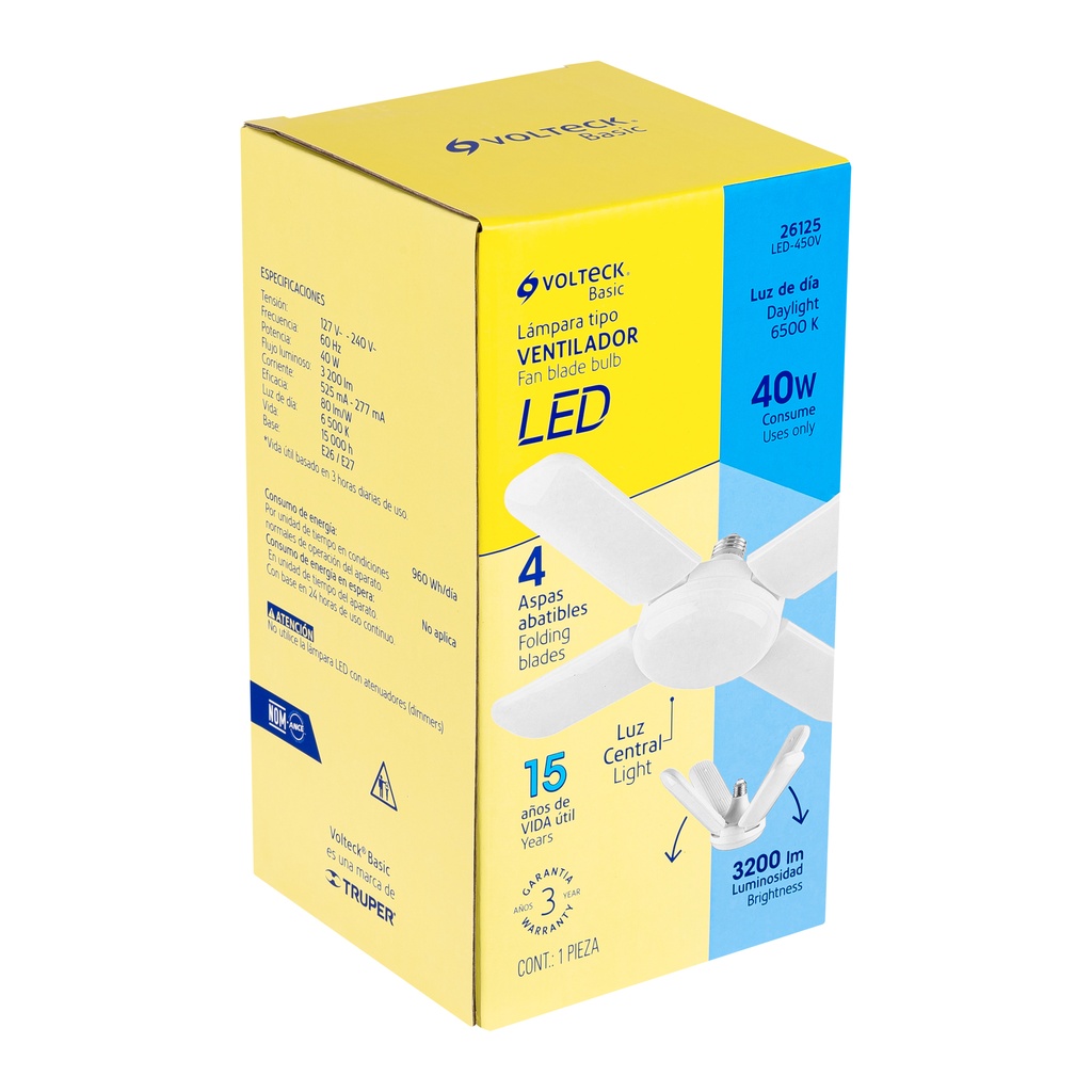 LAMPARA LED TIPO VENTILADOR 40W, 4 ASPAS, 6500K, BASIC