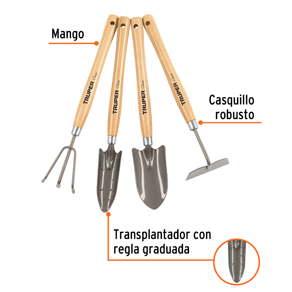 JUEGO DE 4 HERRAMIENTAS PARA JARDIN, MANGO 12-1/4', TRUPER
