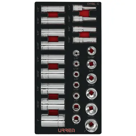JUEGO DE DADOS CORTOS Y LARGOS CUADRO DE 3/8" EN PULGADAS 26 PIEZAS, CH106-C