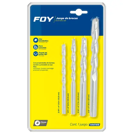 JUEGO DE BROCAS PARA CONCRETO CON PUNTA DE TUNGSTENO, 4 PIEZAS