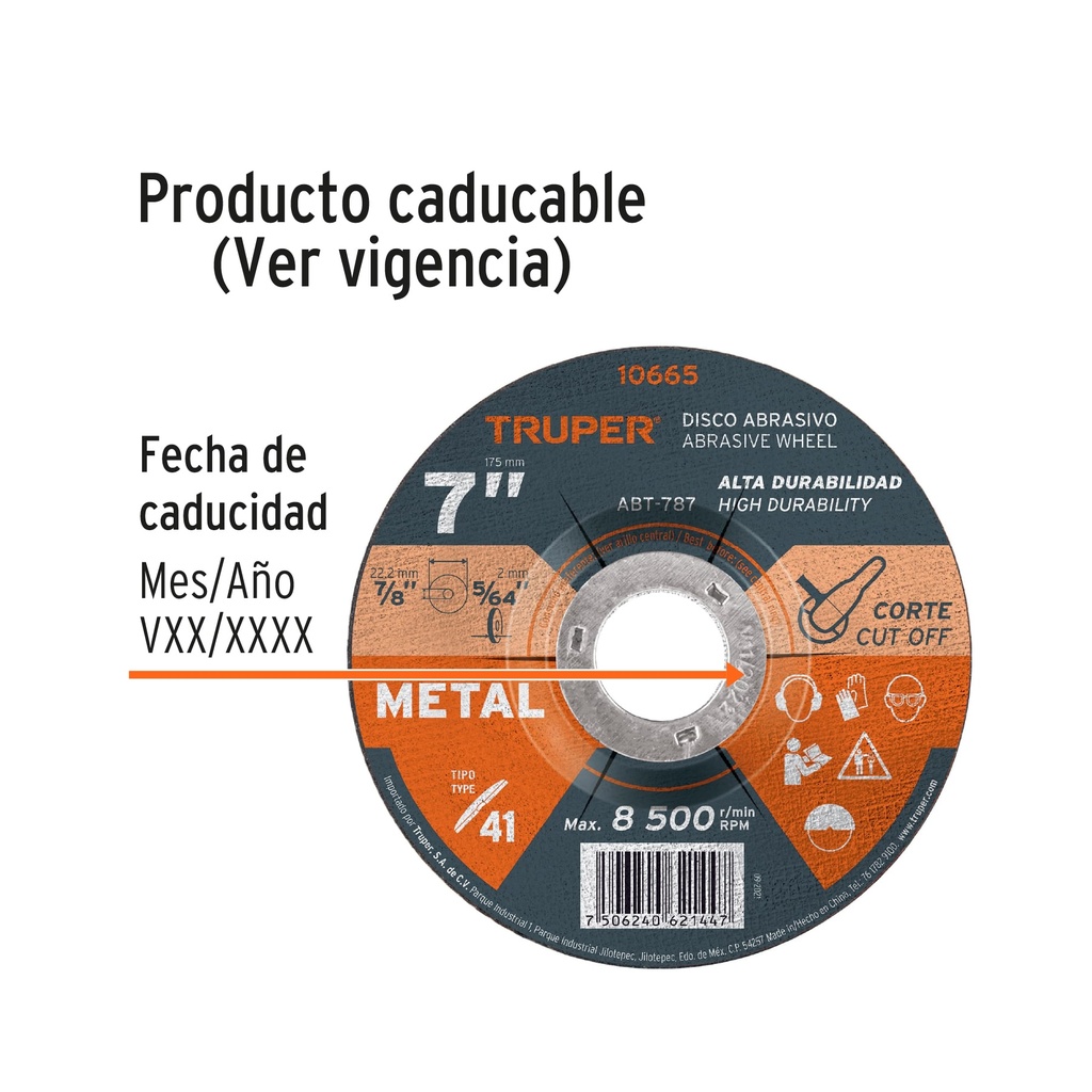 DISCO PARA CORTE DE METAL, TIPO 41, DIAMETRO 7"