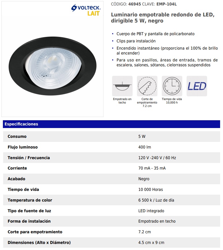 LUMINARIO DE LED 5 W EMPOTRAR REDONDO NEGRO SPOT DIRIGIBLE