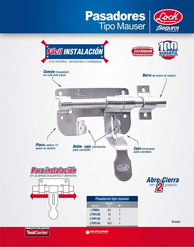 PASADOR TIPO MAUSER PARA PUERTA, 14.5 CM