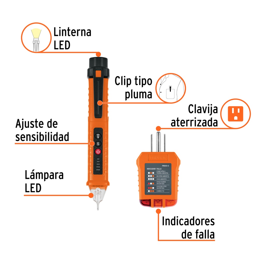 KIT DE PROBADORES SIN CONTACTO Y PARA TOMACORRIENTES, TRUPER