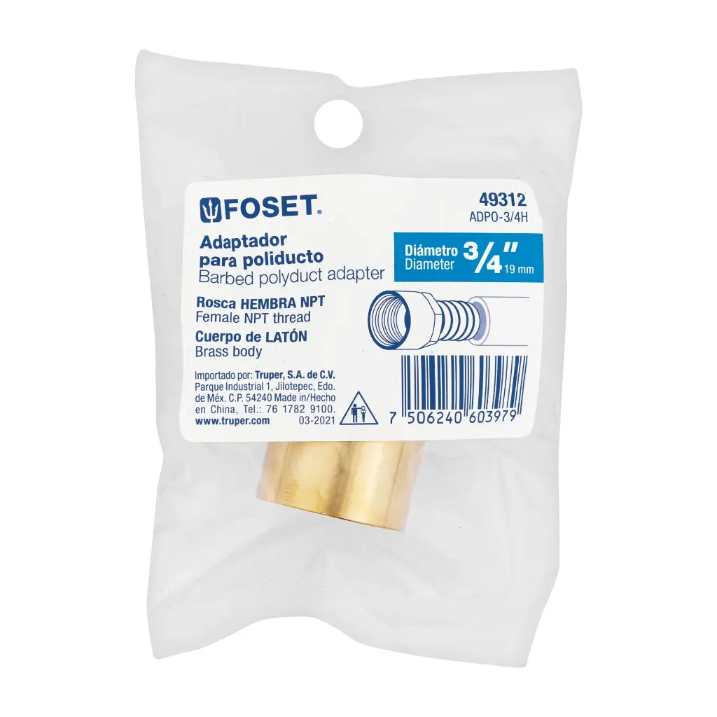 ADAPTADOR HEMBRA DE LATON 3/4' PARA POLIDUCTO, FOSET
