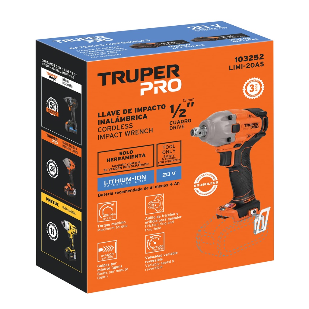 LLAVE DE IMPACTO 1/2', 20V, 184 LB/FT, SIN ACCESORIOS, PRO