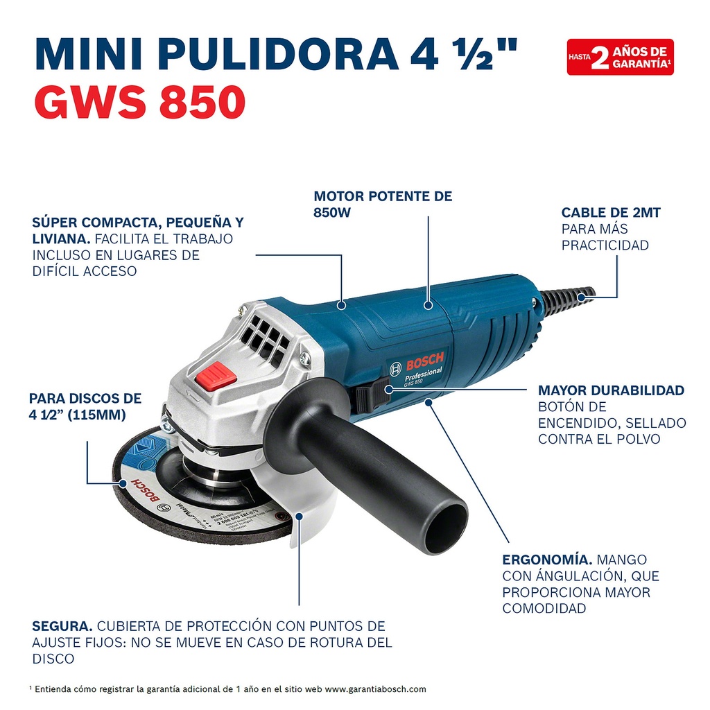 MINI ESMERIL ANGULAR BOSCH GWS 850, 127V