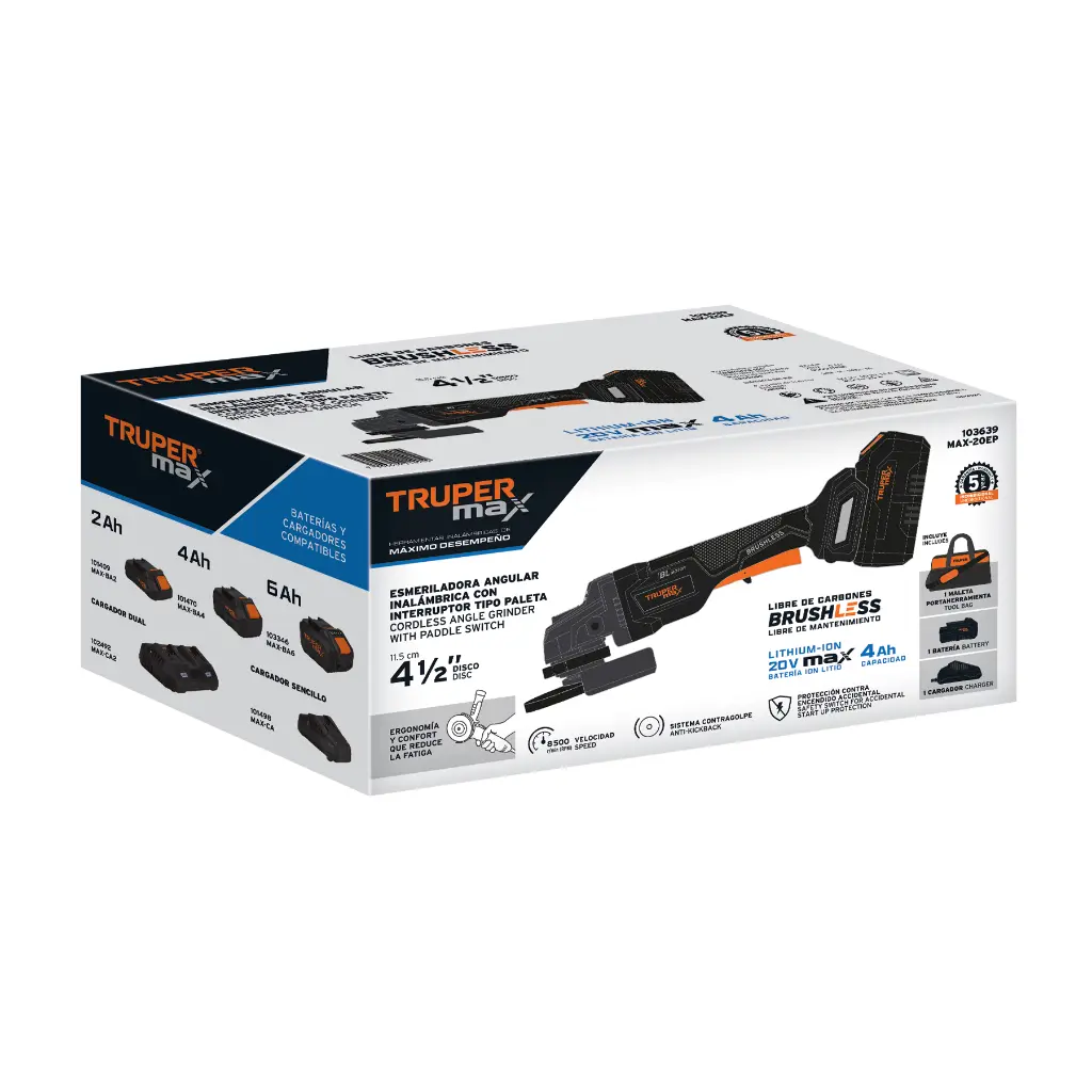 ESMERILADORA 4-1/2', 20V, INT. PALETA, 1 BATERIA 4AH, MAX