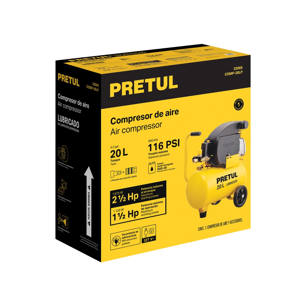 COMPRESOR LUBRICADO, 20L, 2-1/2HP, HORIZONTAL, 127V, PRETUL