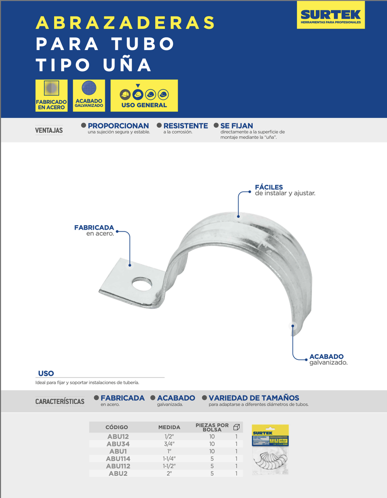 ABRAZADERA PARA TUBO TIPO UÑA 1", 10 PIEZAS