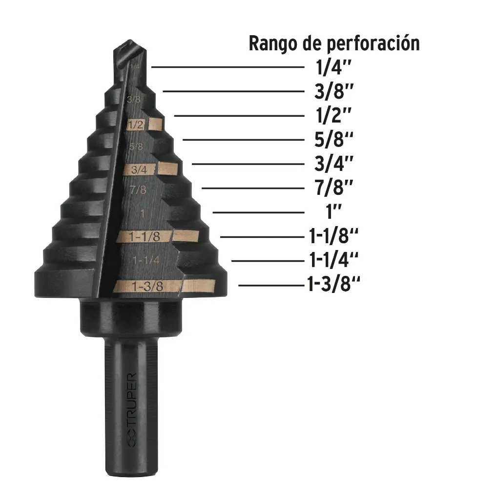 BROCA ESCALONADA OXIDO NEGRO 10 ESCALONES 1/4" A 1-3/8", TRUPER