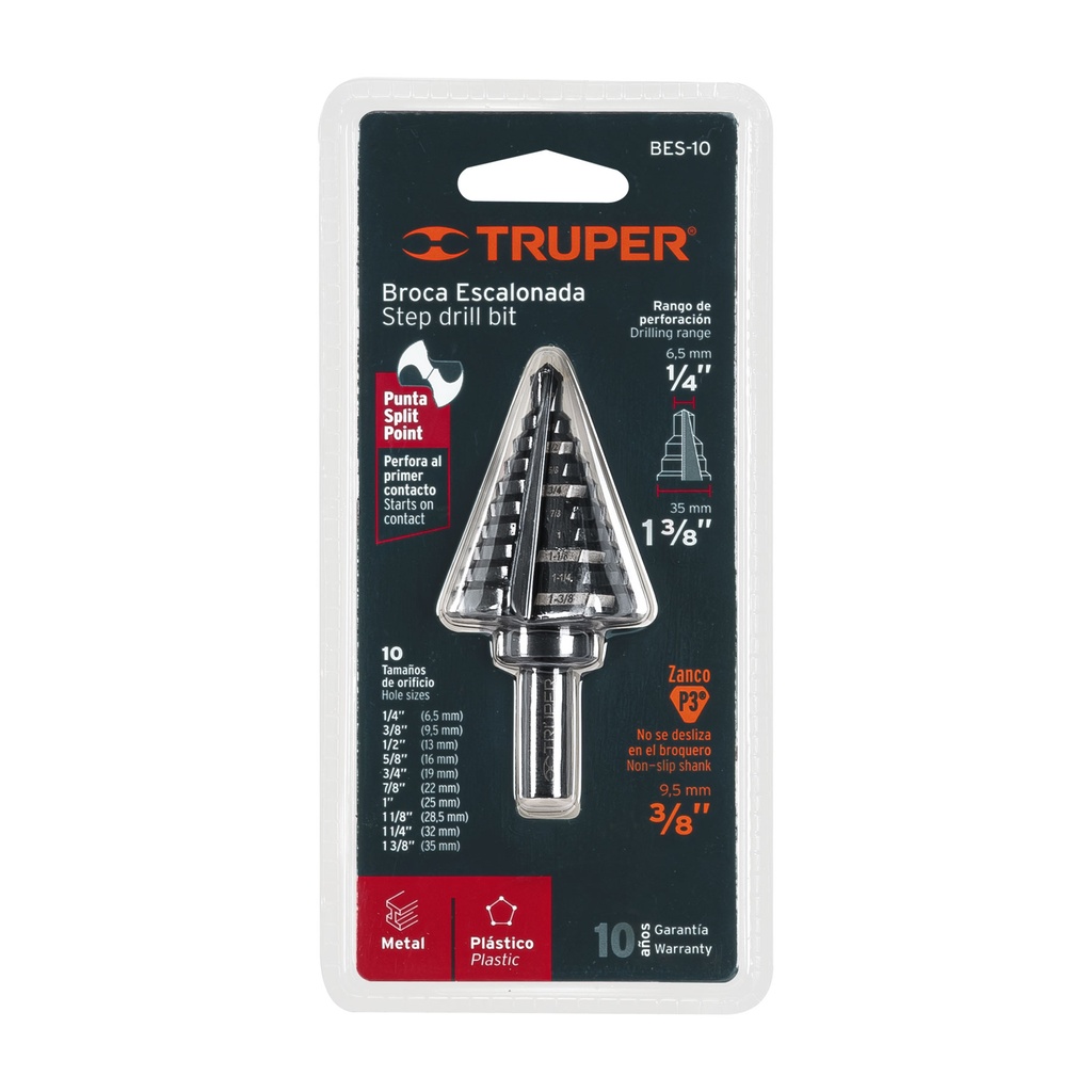 BROCA ESCALONADA OXIDO NEGRO 10 ESCALONES 1/4" A 1-3/8", TRUPER