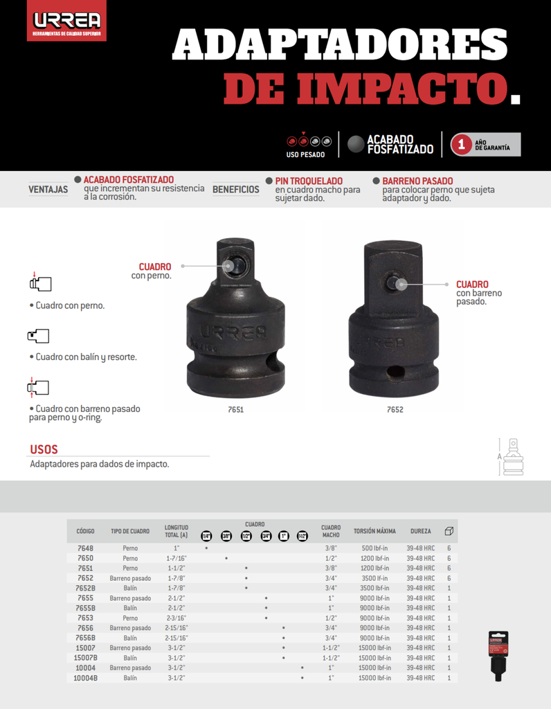 ADAPTADOR CON PERNO PARA DADO DE IMPACTO CUADRADO DE 1/2" HEMBRA A 3/8" MACHO