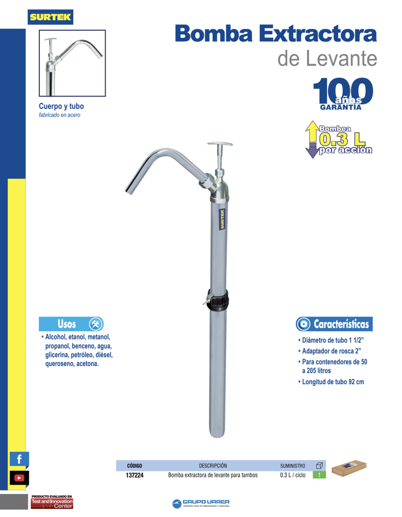 BOMBA EXTRACTORA VERTICAL PARA LUBRICANTES, SUMINISTRO 300 ML POR CICLO