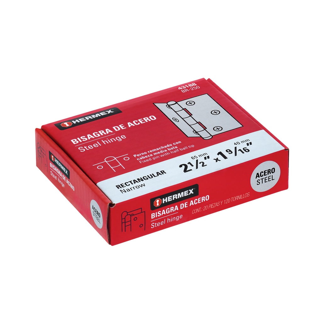 BISAGRA RECTANGULAR 2-1/2' ACERO PULIDO, HERMEX
