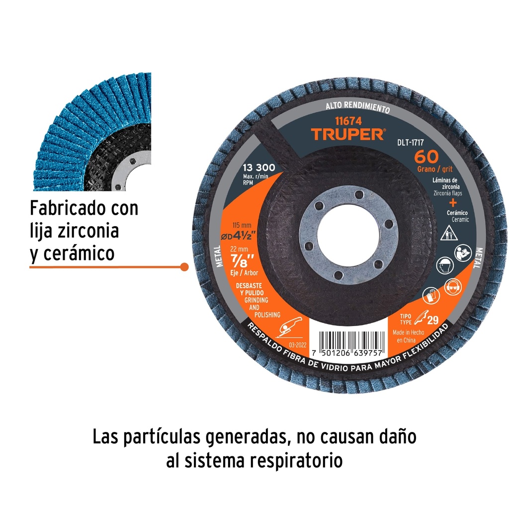 DISCO 4-1/2' LAMINADO GRANO 60 CENTRO 7/8', TRUPER