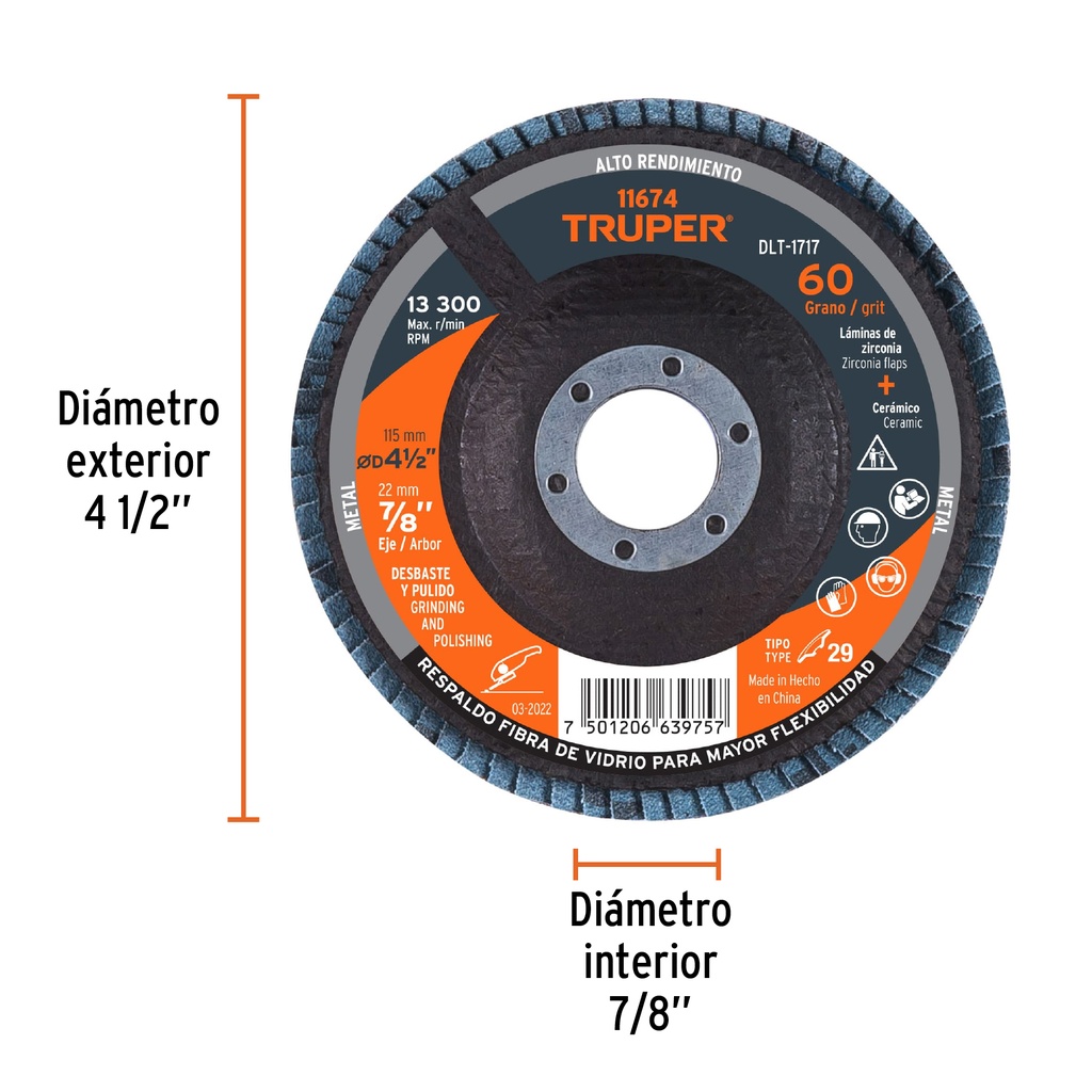 DISCO 4-1/2' LAMINADO GRANO 60 CENTRO 7/8', TRUPER