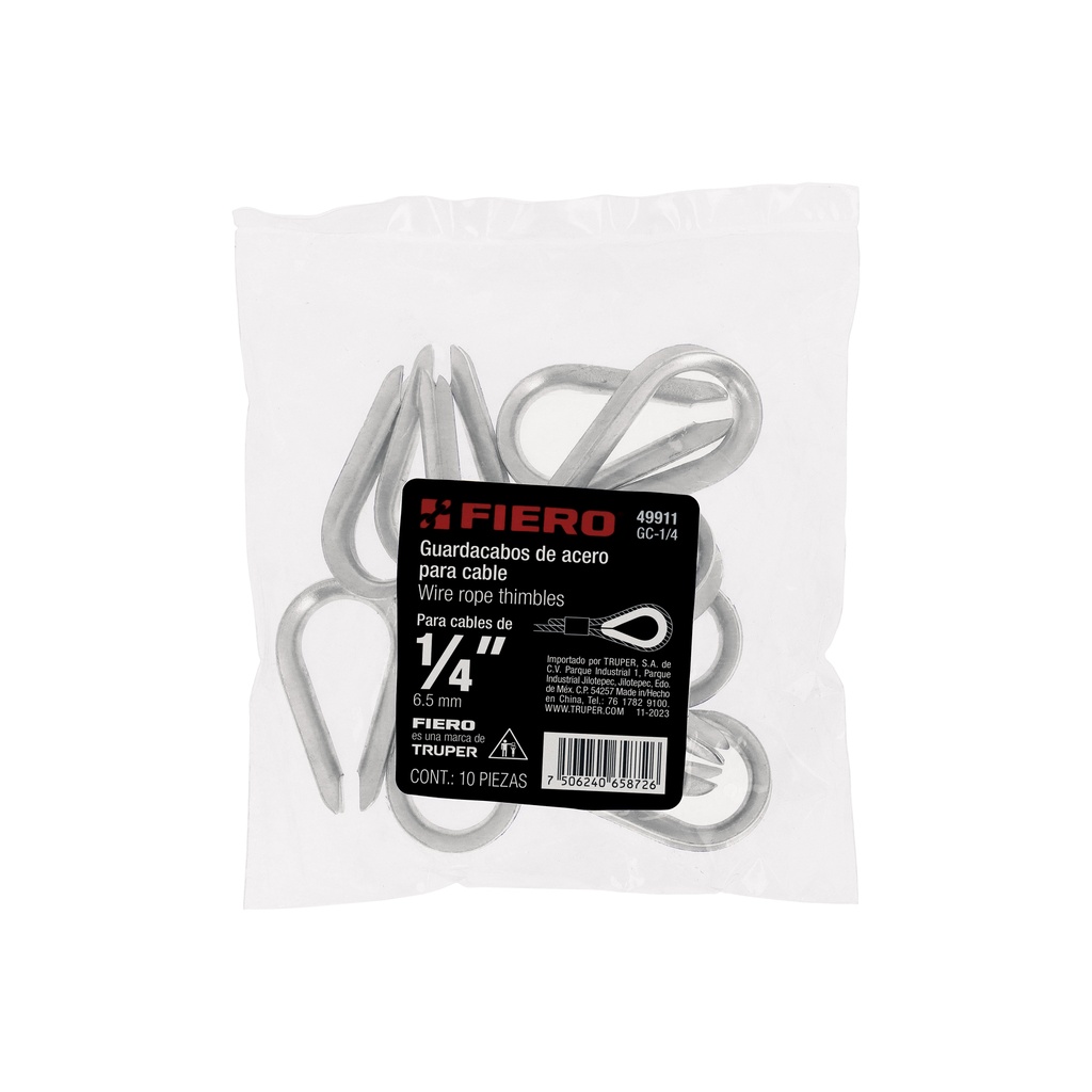 BOLSA CON 10 GUARDACABOS PARA CABLE DE ACERO DE 1/4', FIERO