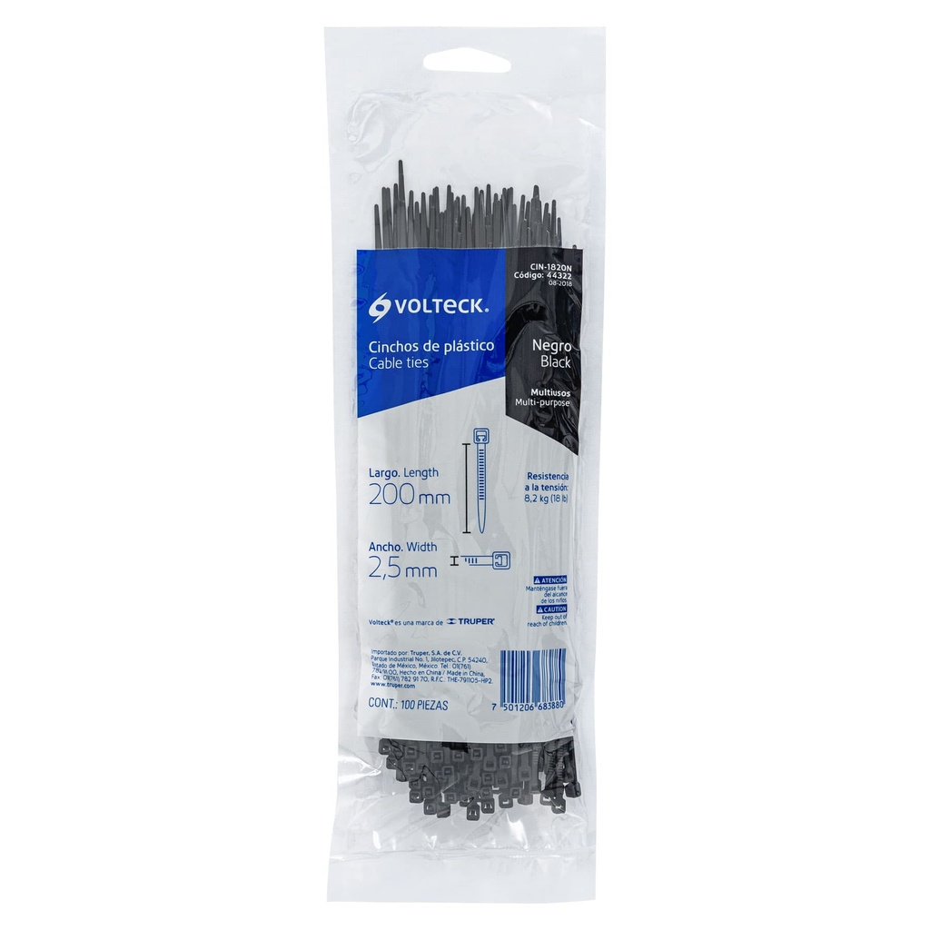 BOLSA CON 100 CINCHOS PLASTICOS 18 LB, 200X2.5 MM, NEGROS