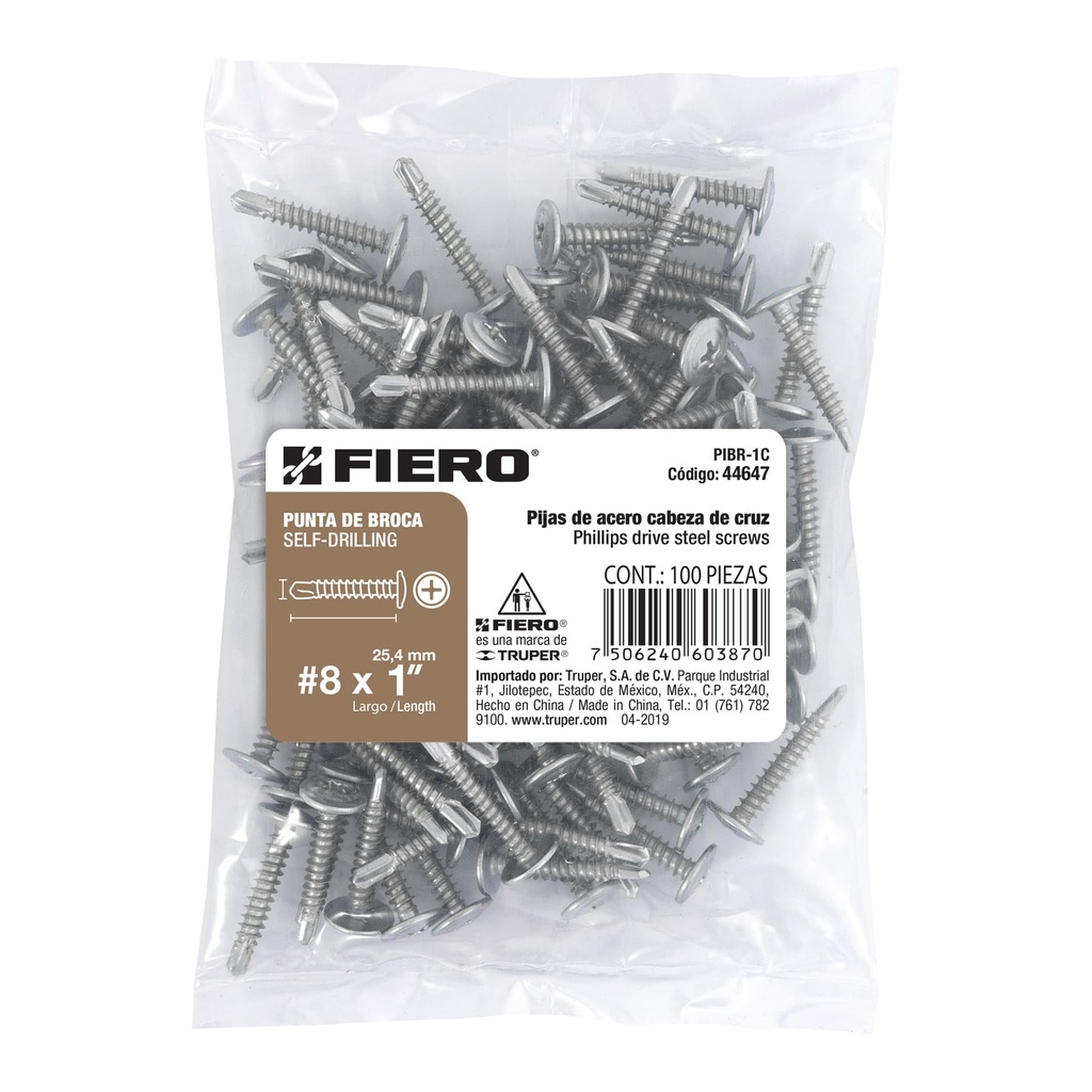 BOLSA CON 100 PIJAS CABEZA CRUZ, PUNTA DE BROCA 1', FIERO