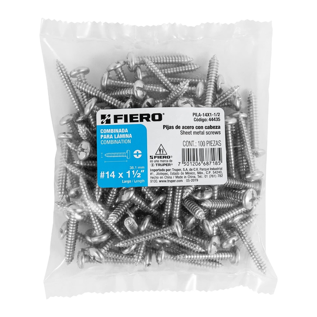 BOLSA CON 100 PIJAS PARA LAMINA, #14 X 1/2', FIERO