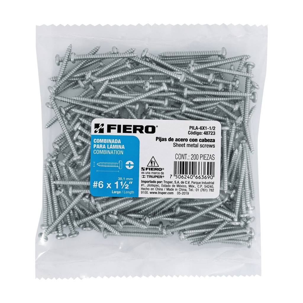 BOLSA CON 200 PIJAS PARA LAMINA, #6 X 1-1/2', FIERO