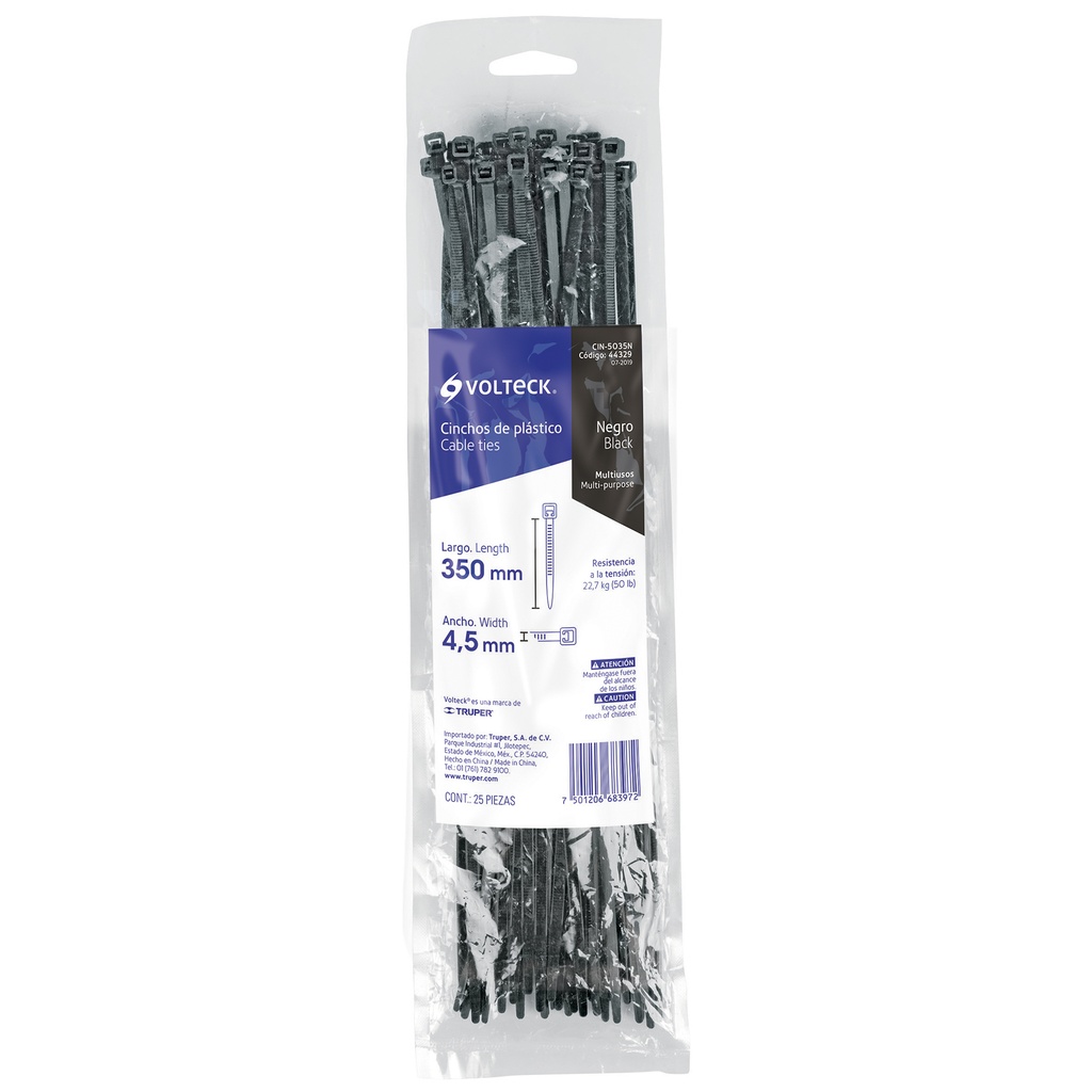 BOLSA CON 25 CINCHOS PLASTICOS 50 LB, 350X4.5 MM, NEGROS