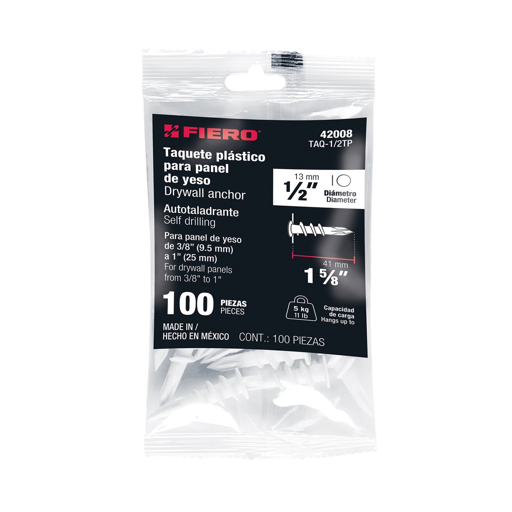 BOLSA CON 100 TAQUETES DE PLASTICO 1/2', PARA PANEL DE YESO