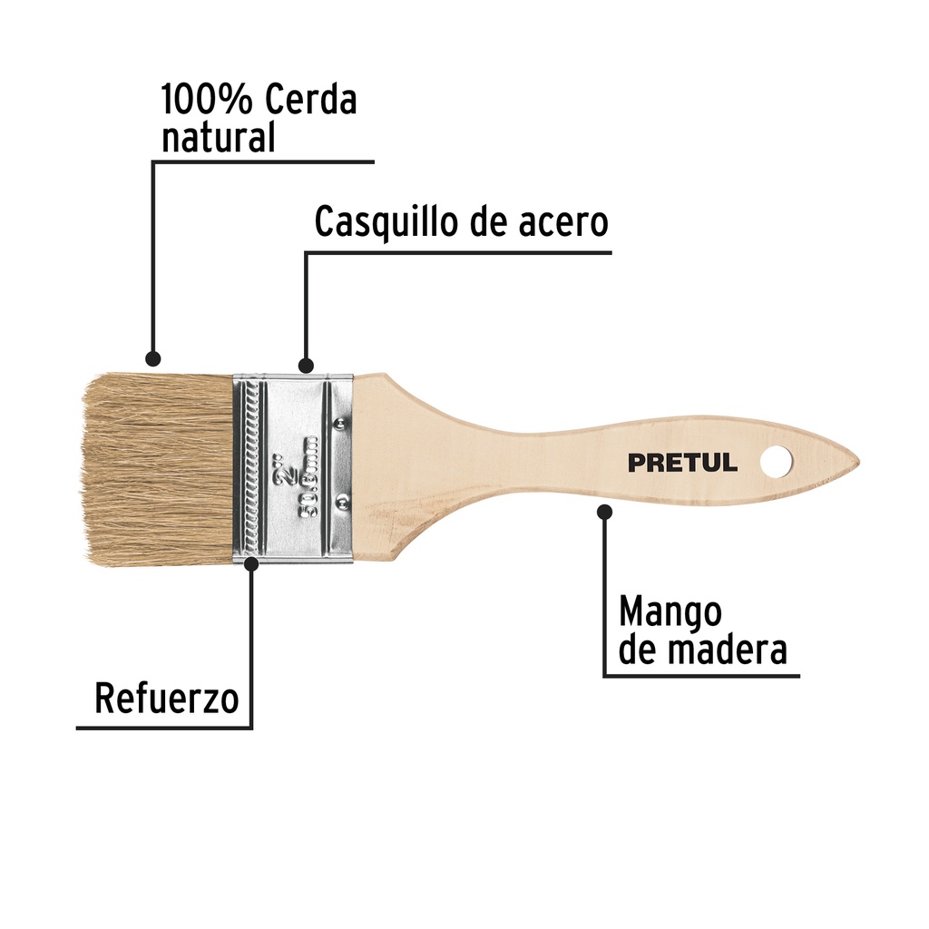 BROCHA ECONOMICA, MANGO DE MADERA, 2', PRETUL