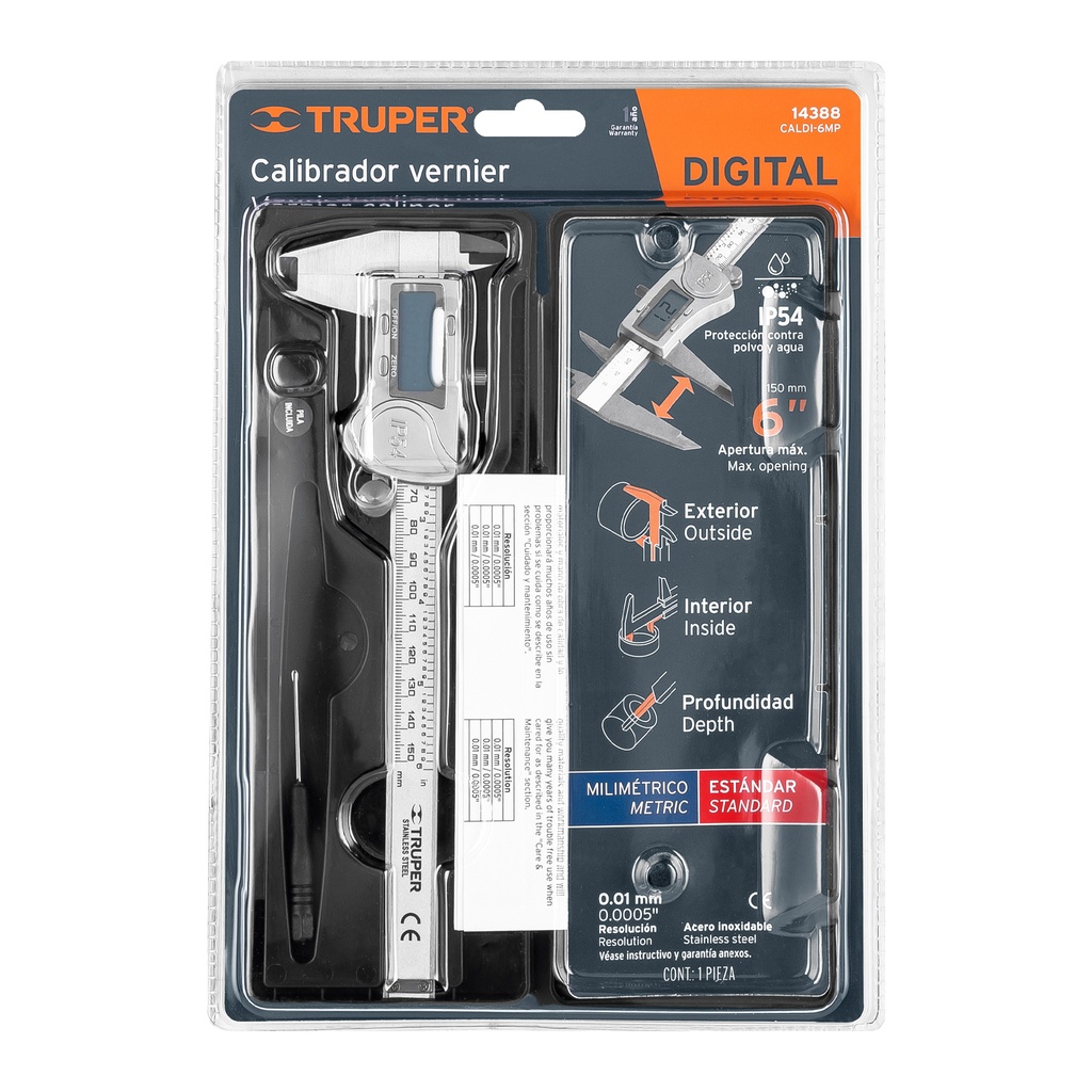 CALIBRADOR VERNIER DIGITAL 6' ACERO INOX, STD Y MM, TRUPER