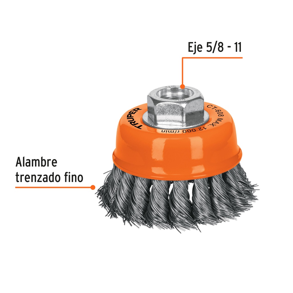 CARDA COPA 3' ALAMBRE TRENZADO FINO, EJE 5/8'-11, TRUPER