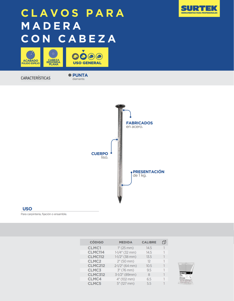 CLAVO PARA MADERA CON CABEZA 1-1/4", 1 KG