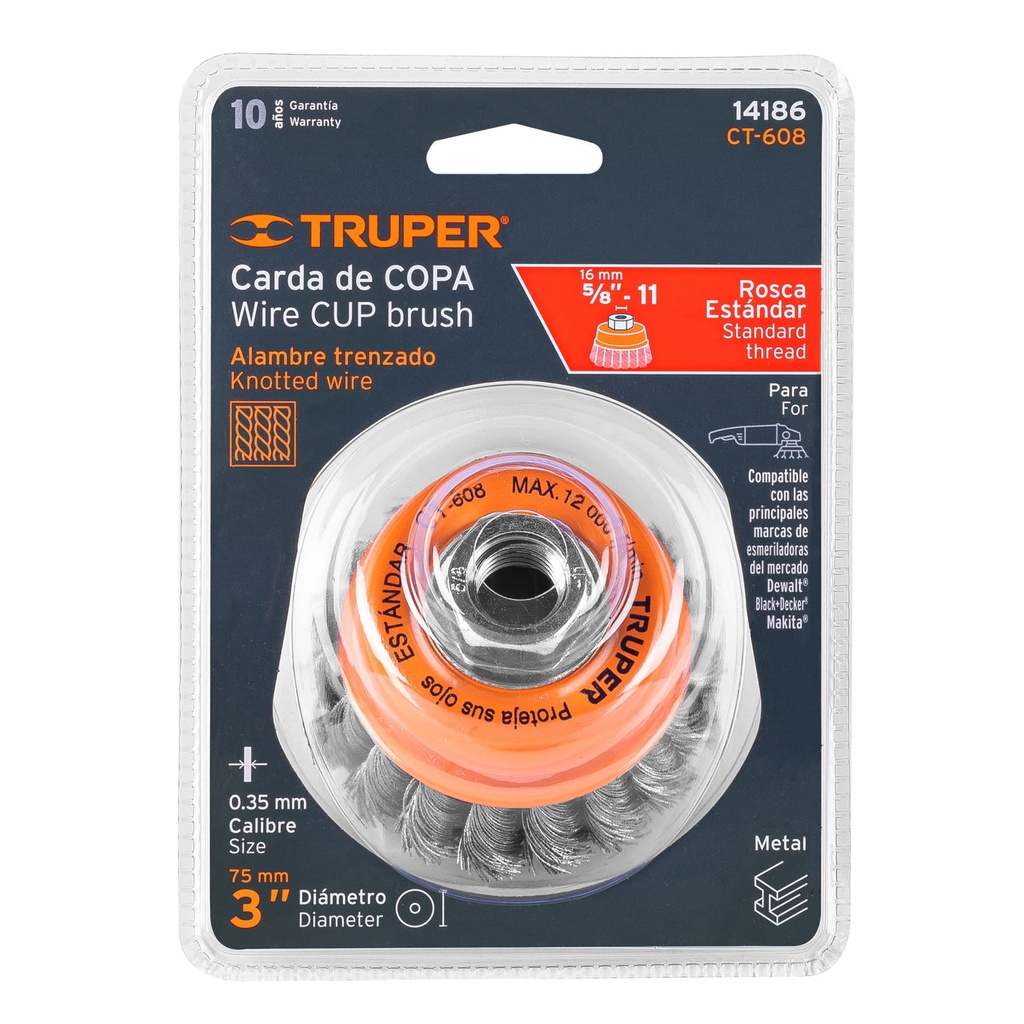 CARDA COPA 3' ALAMBRE TRENZADO FINO, EJE 5/8'-11, TRUPER