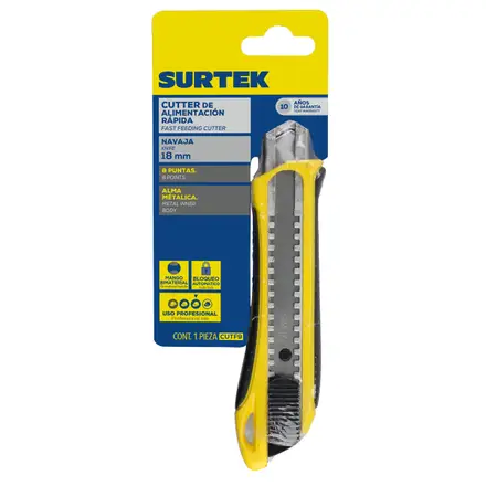 CUTTER CON CUERPO DE PLASTICO DE 18 MM, CAMBIO AUTOMATICO DE NAVAJA, MANGO BIMATERIAL