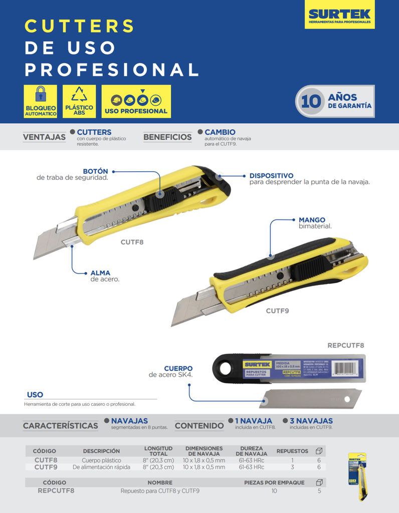 CUTTER CON CUERPO DE PLASTICO DE 18 MM, CAMBIO AUTOMATICO DE NAVAJA, MANGO BIMATERIAL