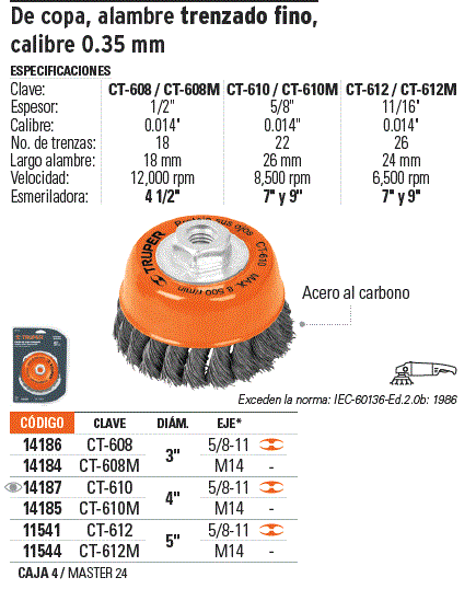 CARDA COPA 3' ALAMBRE TRENZADO FINO, EJE 5/8'-11, TRUPER